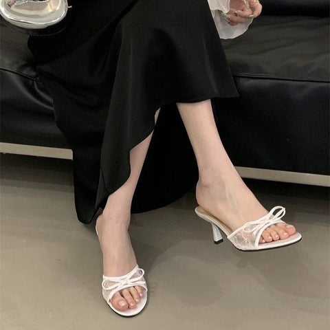 French Style Lace Bow Kitten Heel Mules For Women