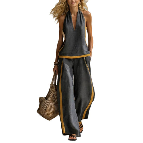 Contrast-color Wide-leg Pants Suit Womens Cotton-linen Fashionable Two-piece Set