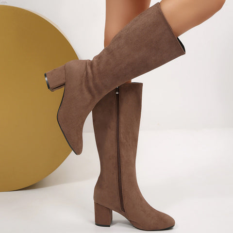 Fashionable Solid-Color Round-Toe Side-Zip Chunky-Heel Womens Over-the-Knee Boots
