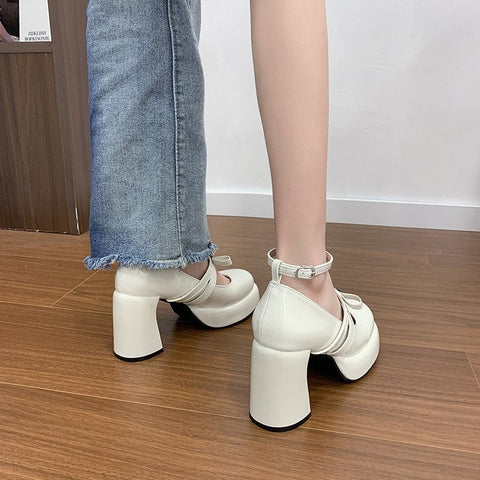 French Style Super High Heel Retro Mary Janes For Women  2026 Spring New Fashion Versatile Platform Block Heel Pumps