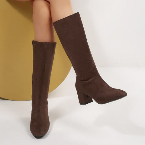 Fashionable Solid-Color Round-Toe Side-Zip Chunky-Heel Womens Over-the-Knee Boots