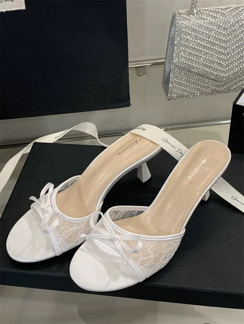 French Style Lace Bow Kitten Heel Mules For Women