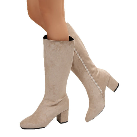 Fashionable Solid-Color Round-Toe Side-Zip Chunky-Heel Womens Over-the-Knee Boots