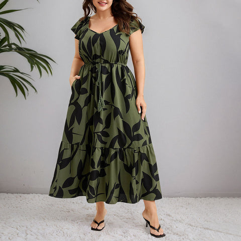Floral Flutter-Sleeve Drawstring-Waist Maxi Midi Slimming Dress