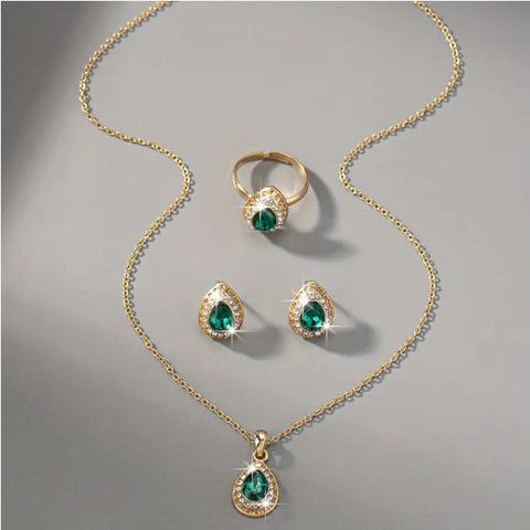 Jewelry Suit Women's Water Drop Gem Series Necklace Earring Ring Bracelet Four-piece Set