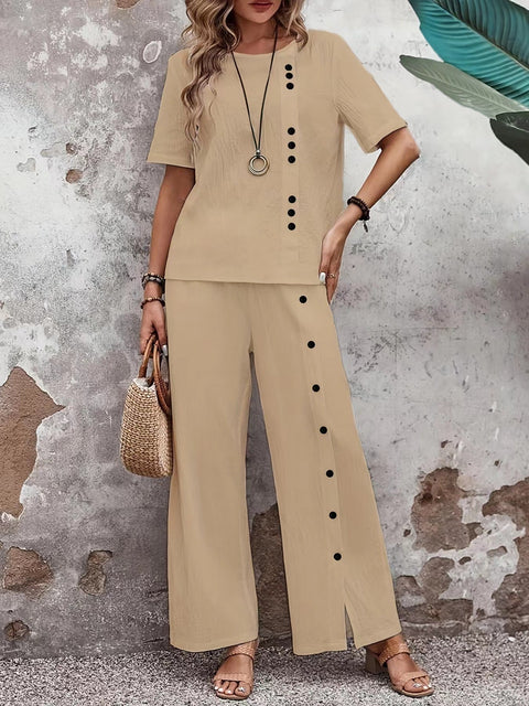 Two-piece Short-sleeve Button-up Top Loose-fit Womens Outfit