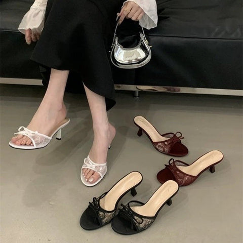French Style Lace Bow Kitten Heel Mules For Women