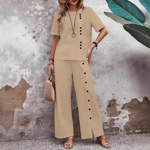 Two-piece Short-sleeve Button-up Top Loose-fit Womens Outfit