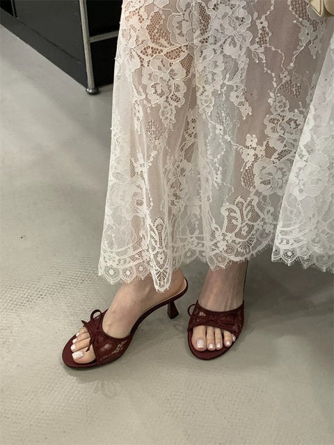 French Style Lace Bow Kitten Heel Mules For Women