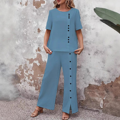 Two-piece Short-sleeve Button-up Top Loose-fit Womens Outfit