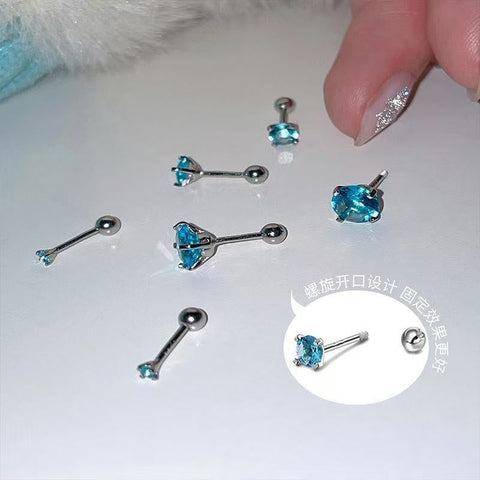 Titanium Steel Blue Zircon Four-Claw Threaded Earrings