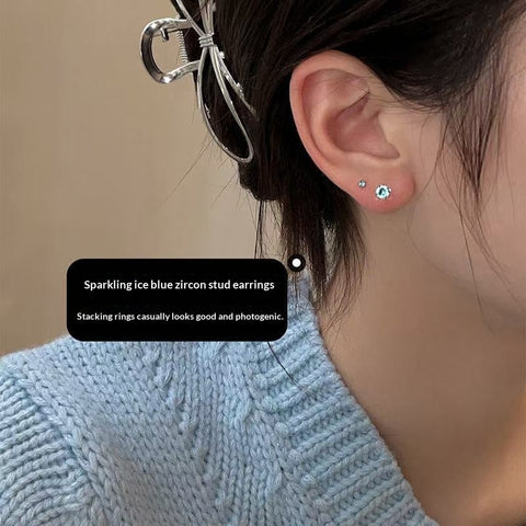 Titanium Steel Blue Zircon Four-Claw Threaded Earrings