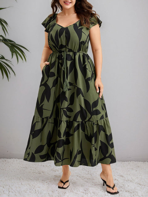 Floral Flutter-Sleeve Drawstring-Waist Maxi Midi Slimming Dress