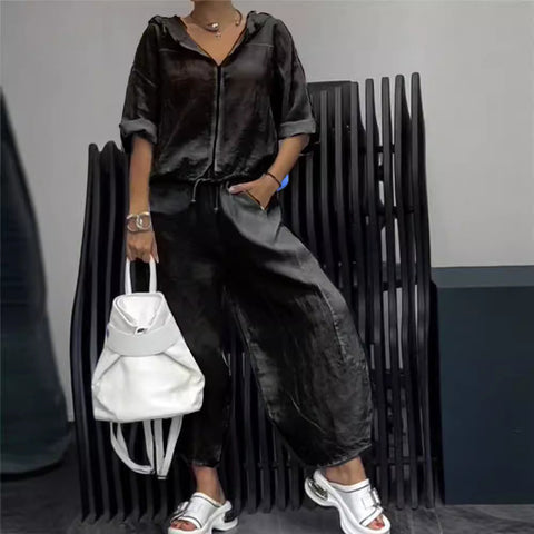 Cotton And Linen Womens Casual Fashion Long-Sleeve Top And Pants Two-Piece Set