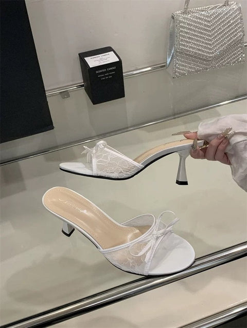 French Style Lace Bow Kitten Heel Mules For Women