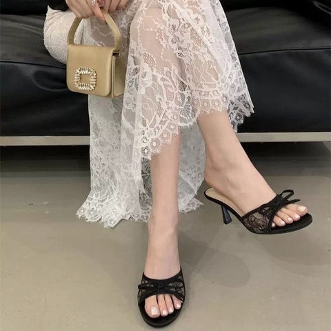 French Style Lace Bow Kitten Heel Mules For Women