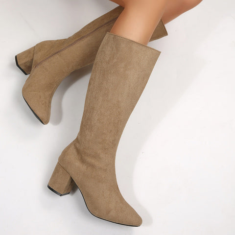 Fashionable Solid-Color Round-Toe Side-Zip Chunky-Heel Womens Over-the-Knee Boots