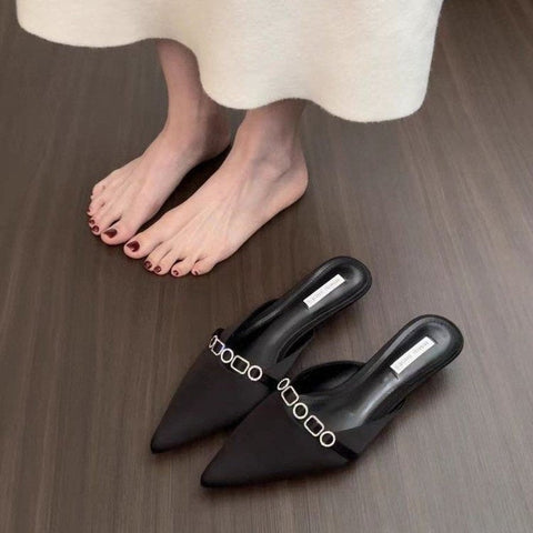 Women's French Style Satin Slide Sandals, Sparkling Rhinestone Embellished Pointed Toe Low Heel Slip-On Mules, 2025 Summer New Collection, High-end Outdoor Wear