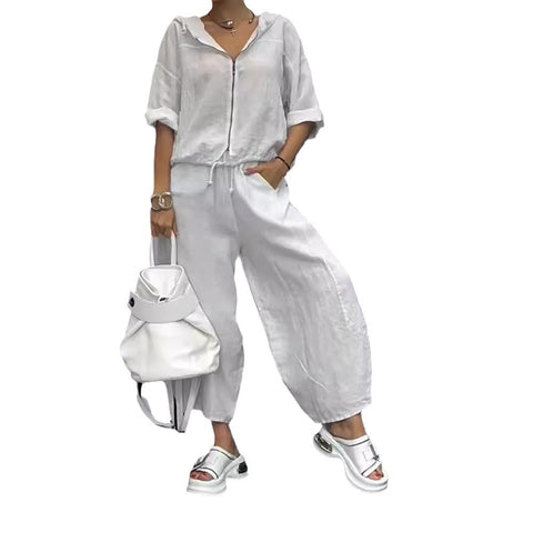 Cotton And Linen Womens Casual Fashion Long-Sleeve Top And Pants Two-Piece Set