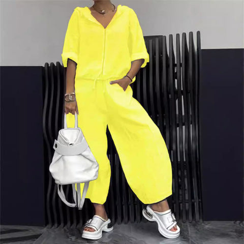 Cotton And Linen Womens Casual Fashion Long-Sleeve Top And Pants Two-Piece Set