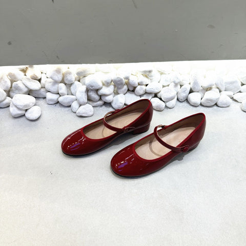 Round-toe Strap-detail Red Chunky-heel Mary Jane Shoes