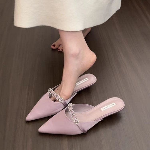 Women's French Style Satin Slide Sandals, Sparkling Rhinestone Embellished Pointed Toe Low Heel Slip-On Mules, 2025 Summer New Collection, High-end Outdoor Wear