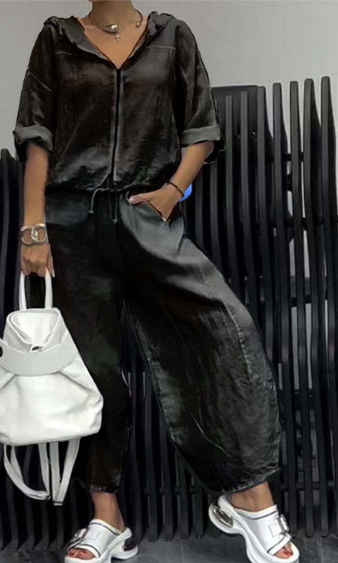 Cotton And Linen Womens Casual Fashion Long-Sleeve Top And Pants Two-Piece Set