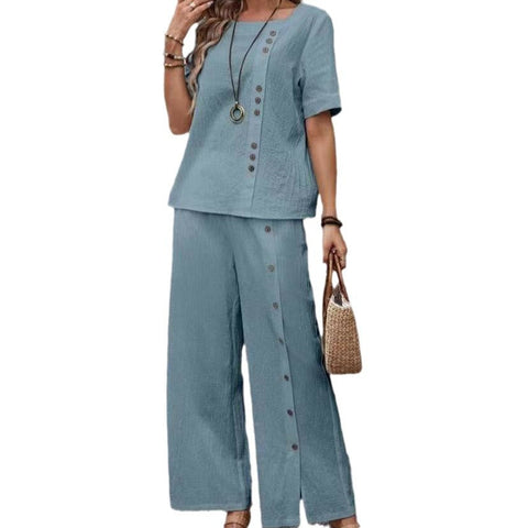 Two-piece Short-sleeve Button-up Top Loose-fit Womens Outfit