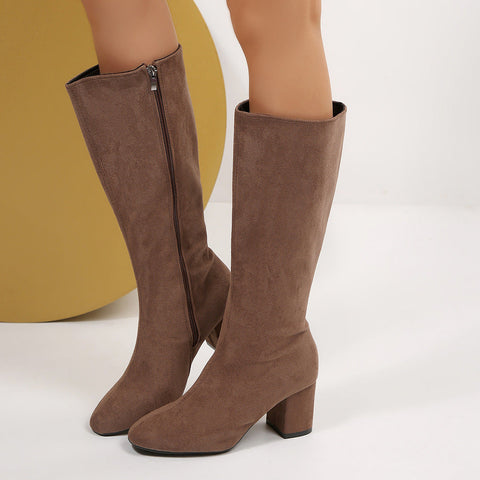 Fashionable Solid-Color Round-Toe Side-Zip Chunky-Heel Womens Over-the-Knee Boots