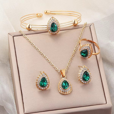 Jewelry Suit Women's Water Drop Gem Series Necklace Earring Ring Bracelet Four-piece Set