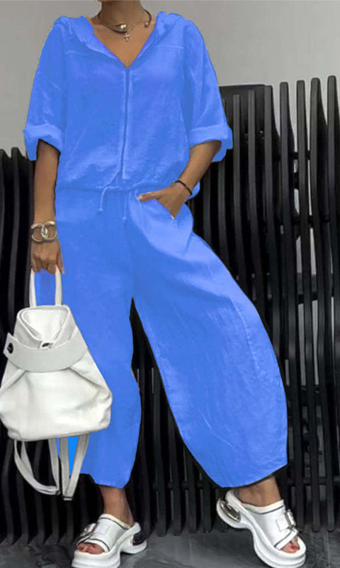 Cotton And Linen Womens Casual Fashion Long-Sleeve Top And Pants Two-Piece Set