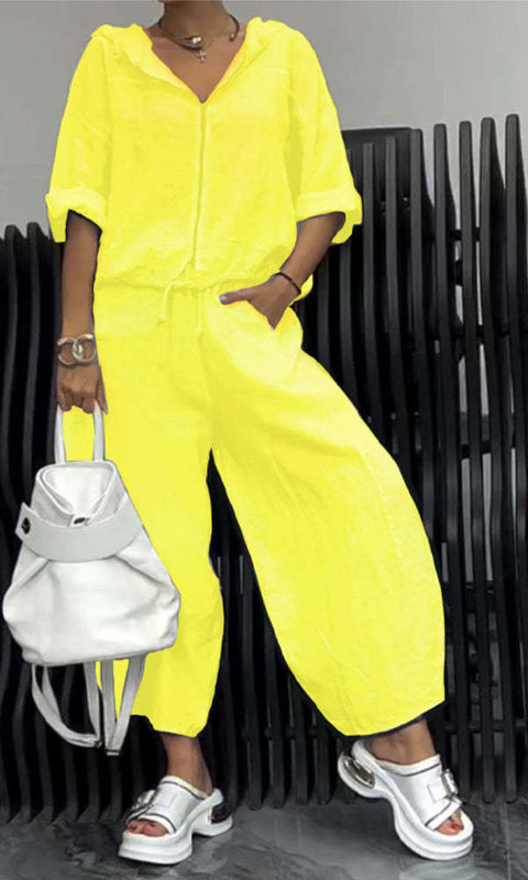 Cotton And Linen Womens Casual Fashion Long-Sleeve Top And Pants Two-Piece Set