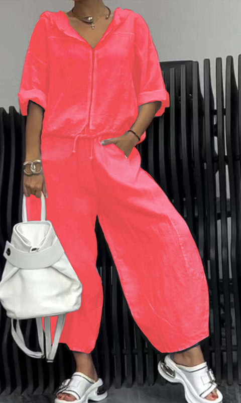 Cotton And Linen Womens Casual Fashion Long-Sleeve Top And Pants Two-Piece Set