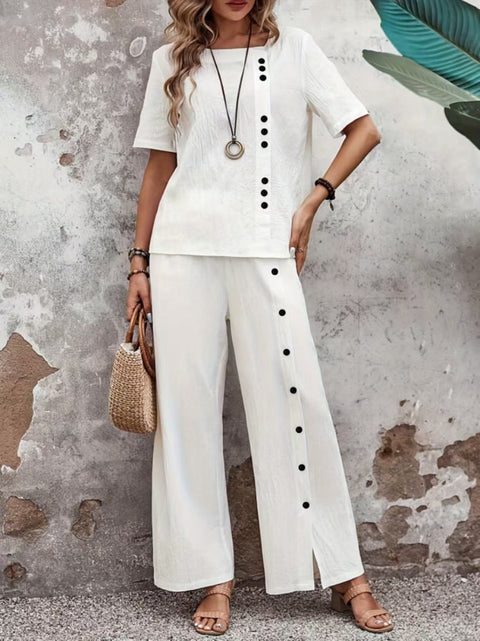 Two-piece Short-sleeve Button-up Top Loose-fit Womens Outfit